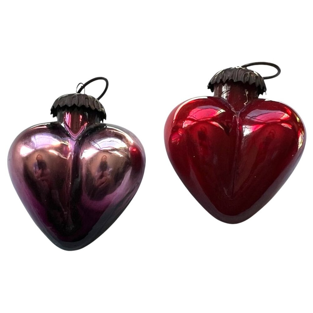 2 Modern Kugel Style Heart Shape Glass Christmas Ornament‎ Red Purple Metal Caps